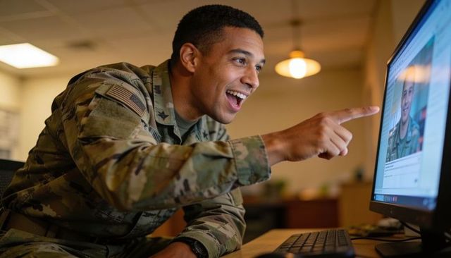 Soldier in camouflage smiling and pointing at desktop monitor during video call