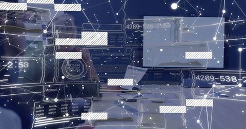 Businessman using computer surrounded by network technology overlay