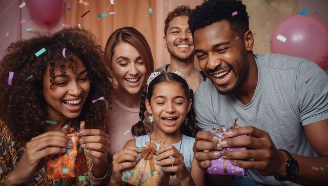 Diverse family celebrating birthday with child wearing tiara, unwrapping colorful gifts
