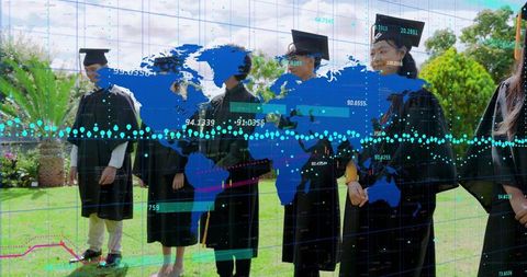 Graduates standing on campus lawn wearing caps with world data overlay and graph