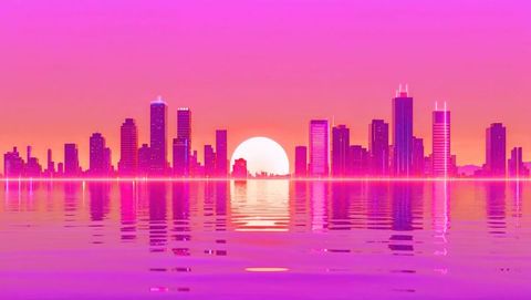 vibrant illustration featuring neon-colored skyline mirrored in calm waterfront at sunset. futuristic landscape inspired by cyberpunk aesthetics showcases shimmering skyscrapers illuminated with glowing horizons. ideal for designs representing future cities, technology-themed projects, artistic urban landscapes, or retro-inspired campaigns. perfect for posters, digital backgrounds, and visionary art pieces evoking a sense of nostalgia and innovation.