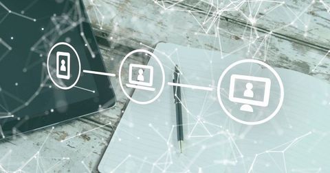 Digital networking concept showing tablet and notebook with connected user icon overlay