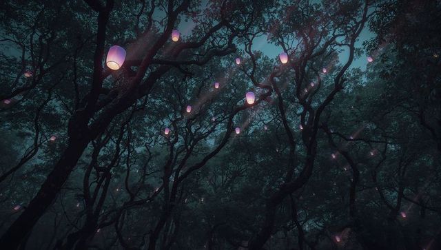 Glowing Lanterns Creating Enchantment in Mystical Misty Forest