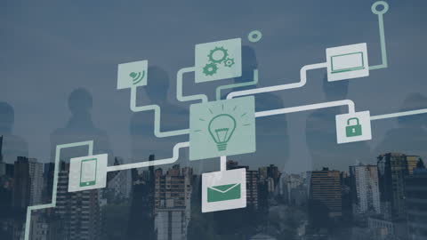 Cityscape Technology Network with Business Silhouettes