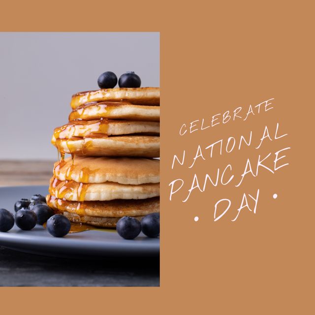 Utilize this for promoting National Pancake Day celebrations, breakfast menus, or food blogs. Ideal for highlighting special events, social media posts, or culinary marketing materials.