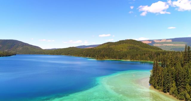 Capturing the beauty of a clear azure lake surrounded by forested shorelines, with a clear blue sky above creating an idyllic scene. Perfect for use in travel brochures, nature blogs, websites focused on outdoor activities, or as part of a relaxation scenery collection.
