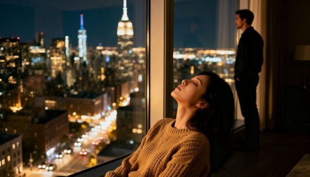 Contemplative asian woman leaning on window overlooking new york skyline at night, urban interior