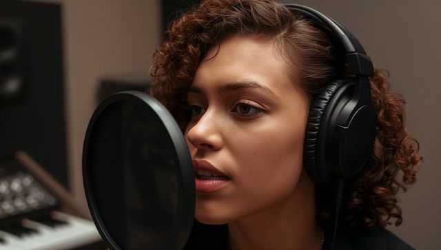 Female vocalist recording in studio close-up wearing headphones with pop filter