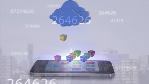 Digital Data Processing Animation with Cityscape Background