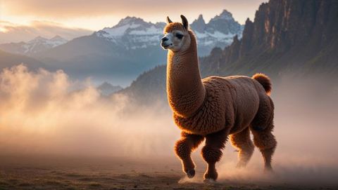Majestic brown llama walking through misty dawn landscape with mountains