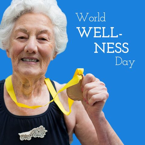 senior woman celebrating on world wellness day with medal - Download Free Stock Templates Pikwizard.com