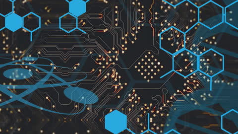 Futuristic Circuit Board with Abstract Hexagonal Overlay
