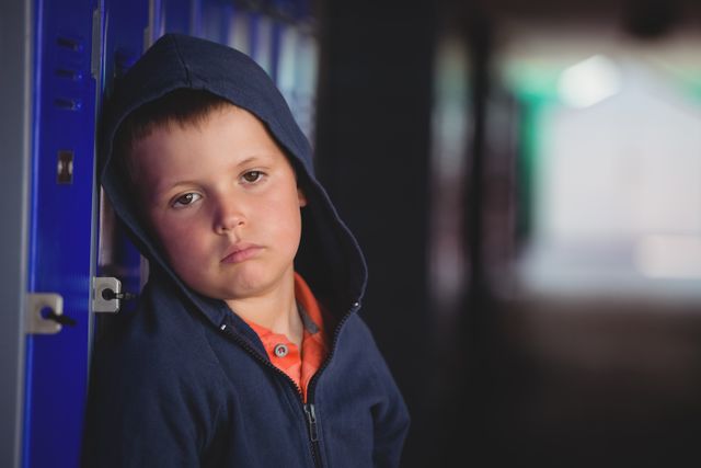 Young boy wearing hoodie leaning against school locker, looking sad. Ideal for illustrating themes of bullying, loneliness, childhood struggles, and emotional well-being in educational settings.