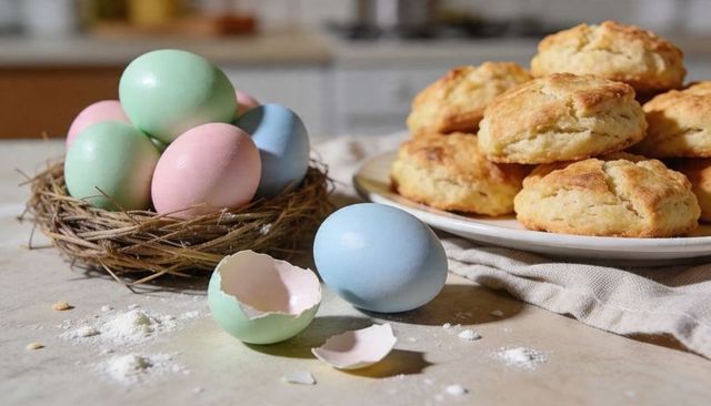 Displaying pastel easter eggs in nest with cracked shells and freshly baked scones