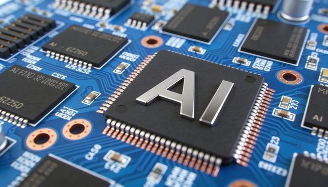 Macro closeup ai microchip on blue pcb showing copper traces, solder joints, vias