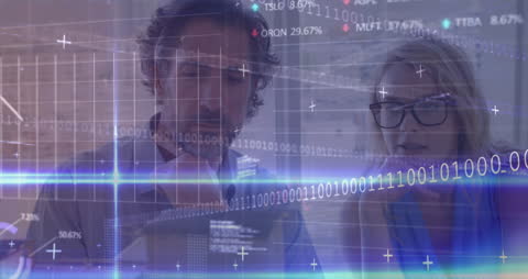 Business Team Analyzing Financial Data with Binary Code Overlay