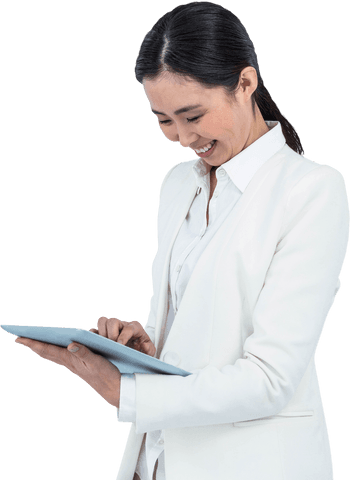 transparent background of a professional businesswoman smiling while using a tablet, ready for technology or corporate-themed projects. ideal for advertising digital solutions, illustrating modern business environments, creating promotional content for tech products, or enhancing business presentations.