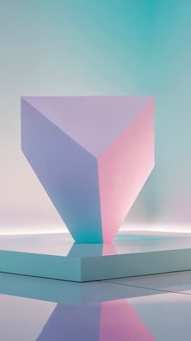 Hovering inverted triangular prism spinning above reflective platform pastel neon loop vertical vide