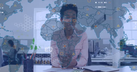 Global Businesswoman with Digital World Map Overlay