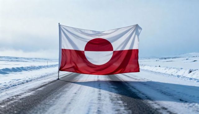 Greenland flag billowing on snowy road, red white circular emblem, arctic isolation