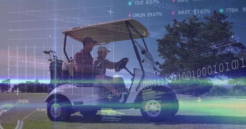 Men in golf cart with binary data overlay on fairway