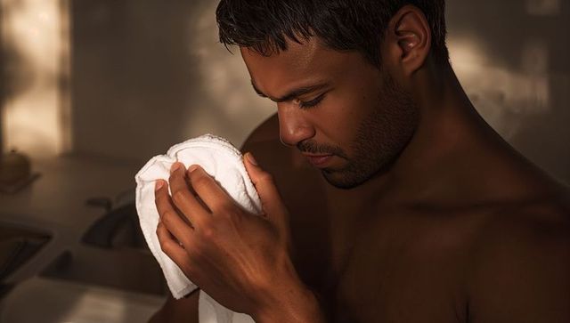 Shirtless man drying face with towel at bathroom vanity, warm light contemplative closeup