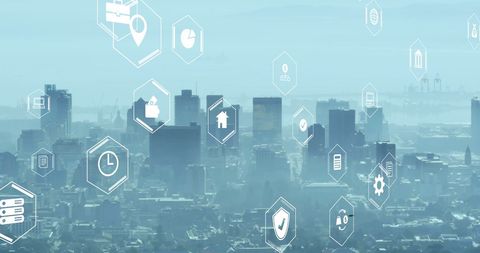 Smart city digital interface over blue cityscape