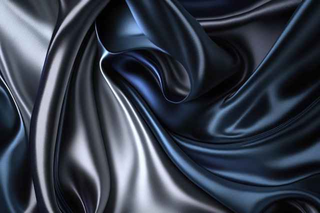 Close-up of elegantly draped dark blue and silver silk fabric with smooth texture and shiny surface. Perfect for textile design, fashion industry, backgrounds, luxury product presentations, and fabric texture studies.