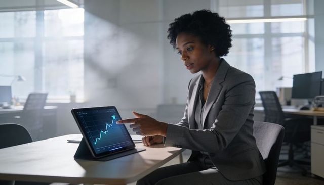Female Financial Analyst Pointing at Upward Growth Chart on Tablet in Modern Open Office Workspace