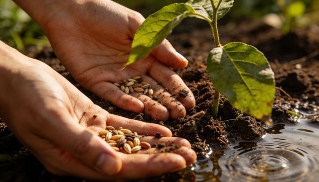 Hands planting mixed cereal seeds beside young seedling with water ripples