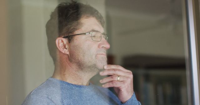 A middle-aged man wearing eyeglasses and a casual blue sweater is seen in an indoor setting. He is looking through a window with a reflective surface, with his hand on his chin, suggesting deep thought and introspective mood. The setting seems calm and quiet. This image can be used for themes of contemplation, reflection, middle-aged issues, mental health, or a peaceful home environment.