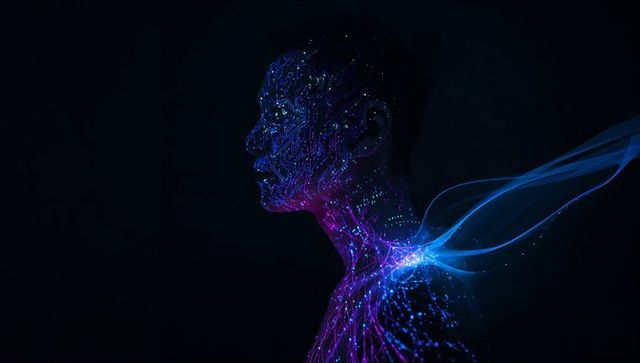 Neon Cybernetic Profile Emitting Neural Circuitry and Flowing Data Ribbon