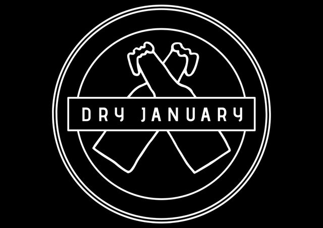 Dry January logo featuring crossed bottles with text on black background. Ideal for use in health and wellness campaigns, sobriety initiatives, social media posts, educational materials, and promotional activities focused on alcohol-free living.