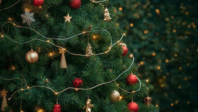 Glowing Christmas Tree with Red and Gold Decorations