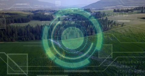 Aerial drone scanning farmland with holographic hud overlay and teal rings pulsing