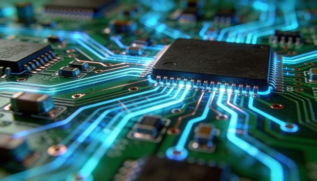 Glowing Microchip Emitting Cyan Circuit Traces Across Green PCB with Visible Solder Joints