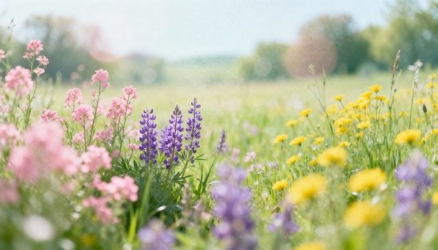 Sunlit meadow with purple lupine and pastel wildflowers, tranquil countryside morning