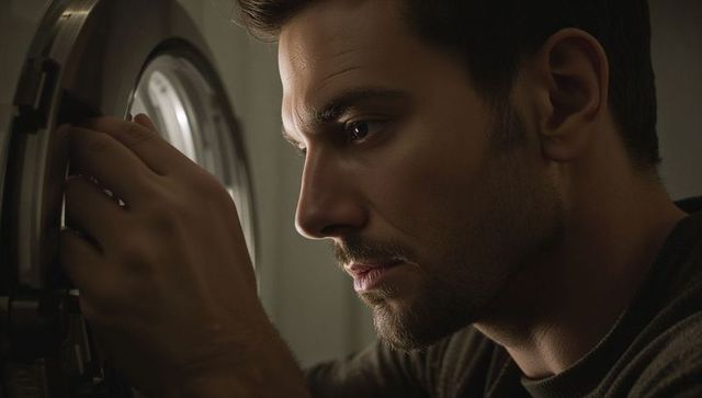Intense man inspecting circular metal hatch in low-key industrial interior, closeup