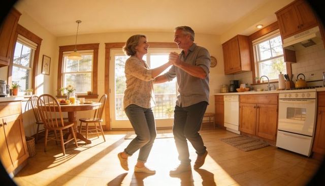 Senior couple dancing in sunlit kitchen sharing joyful intimate moment and companionship