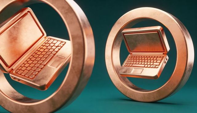 Floating rose-gold laptop inside circular ring on teal background modern metallic tech