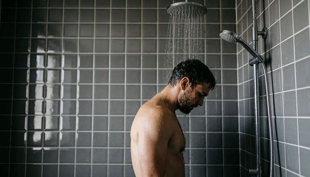 Contemplative Man Under Overhead Rain Shower in Moody Tiled Bathroom with Frosted Glass