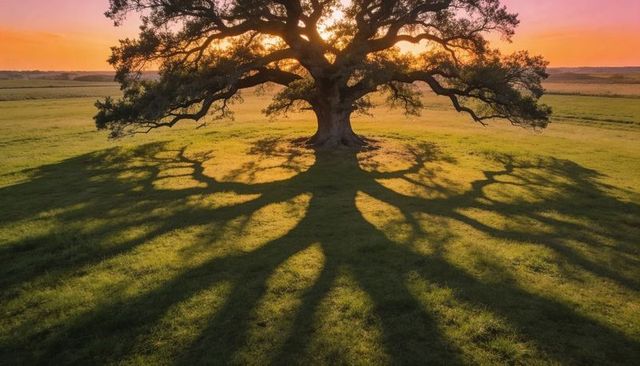 Ancient live oak standing at sunset casting dramatic tree shadows across pasture