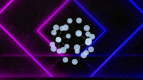 Neon Geometric Background with Digital Media Icons