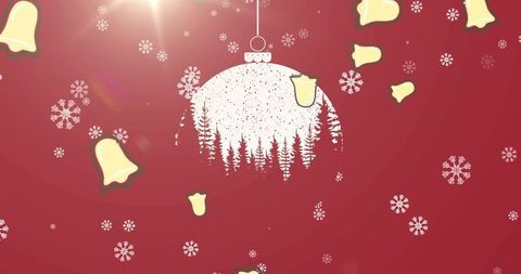 Festive Bauble with Snowflakes and Bells on Red Background