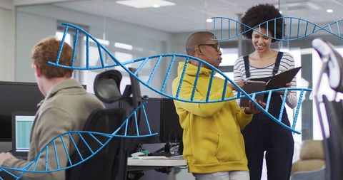 Collaborating in modern office with dna helix overlay