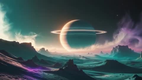 Surreal Alien Landscape with Ringed Planet and Mystic Sky