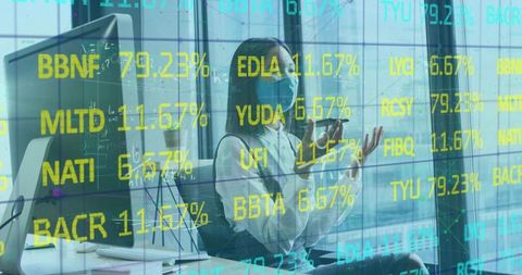 Businesswoman Analyzing Data with Stock Market Grid Overlay