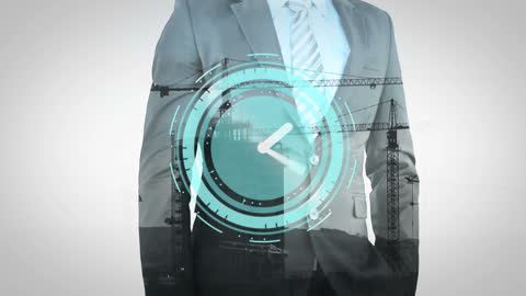 Businessman with Futuristic Clock Overlay and Crane Silhouette