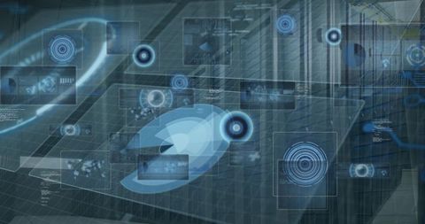 Futuristic data processing with digital interfaces in server room