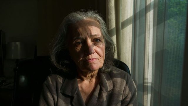 Senior woman gazing through sheer curtains, sunlit contemplative portrait